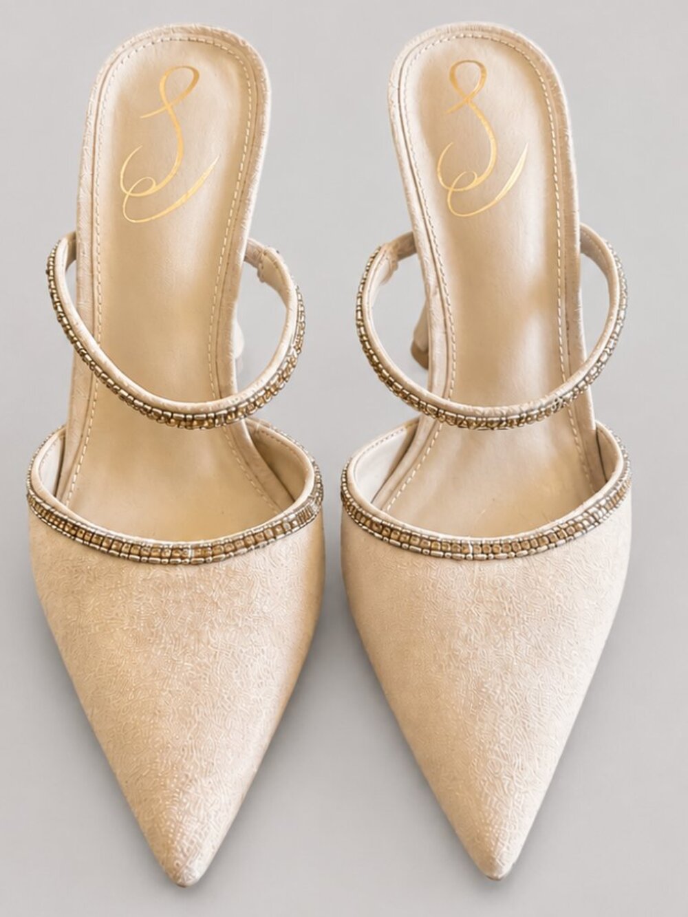 SAM EDELMAN Anita Beige Suede Embellished Pointed Toe Mules Heels - Size 7.5 - Picture 4 of 9